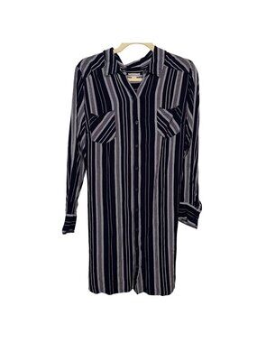 Merona Womens Button-Down Striped Shirt Dress XL Black & Gray Long Sleeve